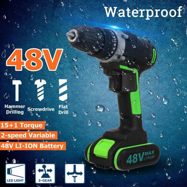 

48v cordless brushless hammer impact drill driver 2-speed tool & li-ion battery with in led working light