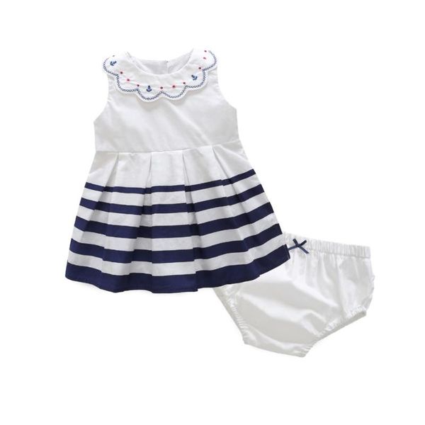

0-3 years baby girls clothing sets summer dress with panty 2pcs girls suits navy style infant toddler newborn girl clothes, White