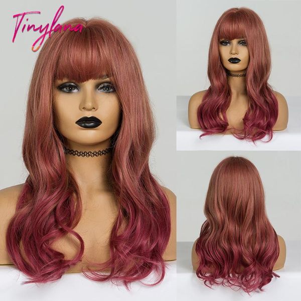 

tiny lana long medium dark red ombre with bangs synthetic wigs for black women afro wavy lolita cosplay wig heat resistant