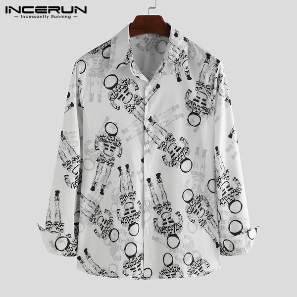 

incerun men printed shirt lapel 2019 long sleeve button streetwear casual fashion funny shirts loose camisa masculina s-3xl, White;black