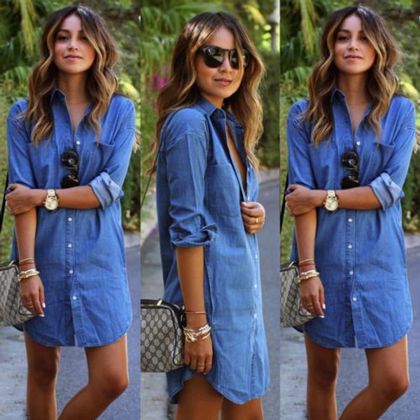 

womens blue jeans denim t-shirt long sleeve casual loose shirt short dress ing, Black;gray