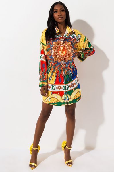 

women designer sun printed shirt dresses fashion lapel neck casual ladies long sleeve blouse dresses womens clothing, Black;gray