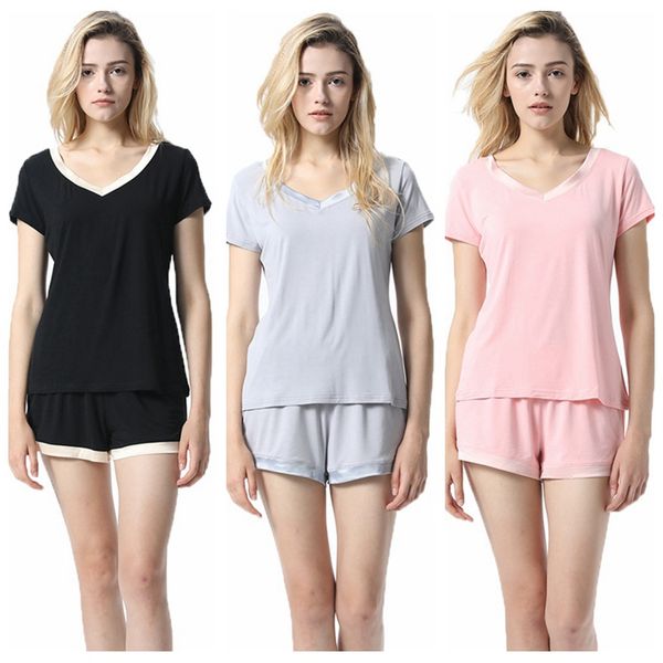 

modal simple and generous pajamas suit female summer v-neck short-sleeved shorts loose wear home service y8, Blue;gray