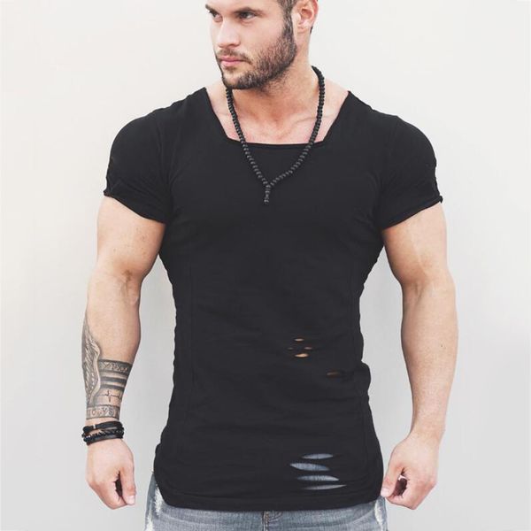 

muscleguys brand 2018 new fashion solid t shirt mens hip hop extend t shirt men ripped destroy hole cotton fitness homme, White;black