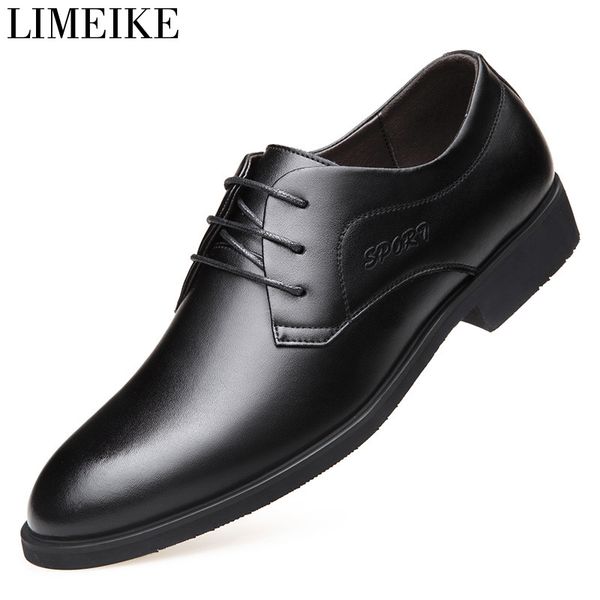 

limeike new men leather shoes business men's dress shoes fashion casual wedding comfortable pointed solid color men, Black