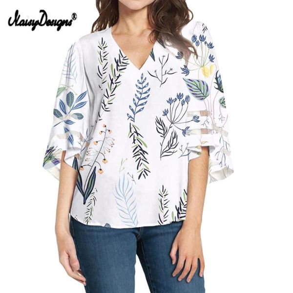 

women's blouses & shirts noisydesigns summer chiffon blouse clothes women wild flowers print loose sleeve shirt plus size v-neck blusa, White
