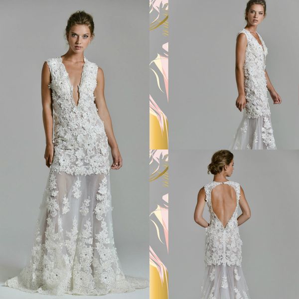 Abiti da sposa a sirena Scollo a V profondo Pizzo 3D Appliques floreali Strass Abito da sposa country con scollo a barchetta Abito da sposa taglie forti