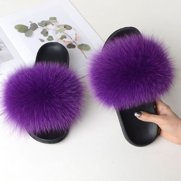

coolsa new women's casual furry fur flip flops real fox fur sandals lady fluffy slides women's plush flat slippers travel shoes, Black