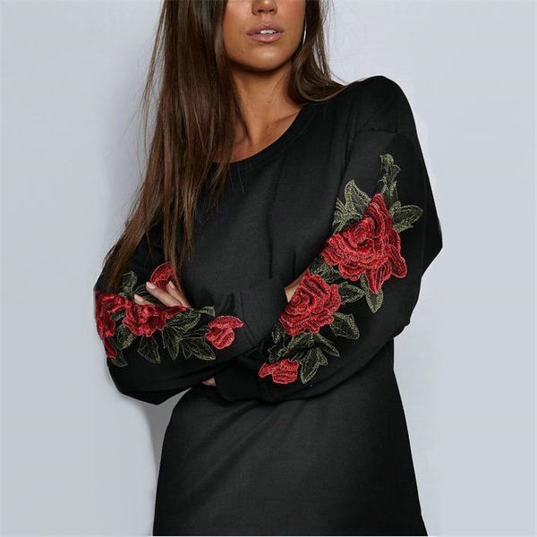 

new arrival women's t-shirts long sleeve autumn designer european and american style flower embroidered round neck hoodies 2 colors s-x, White