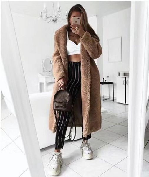 

autumn winter coat women 2019 casual loose long teddy coat female vintage plus size thick faux fur jackets plush overcoat, Black