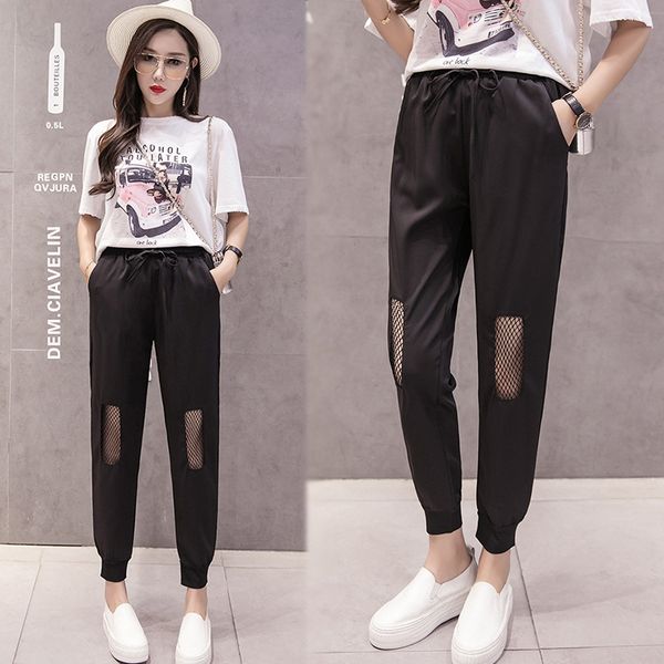 

new style beam leg athletic pants women's ins gauze hollow out with holes harem pants capri loose-fit bf casual fashion, Black;white