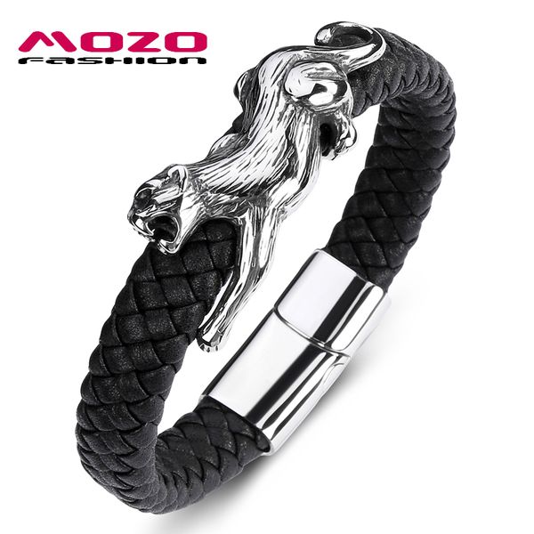 

fashion classic men bracelet black leather skeleton stainless steel magnet buckle bracelet man leopard jewelry gift ps2098, Golden;silver