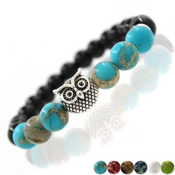 

ancient silver ancient gold owl natural agate emperor stone handmade beaded bead bracelet diy fashion popular men women jewelry gift, Black