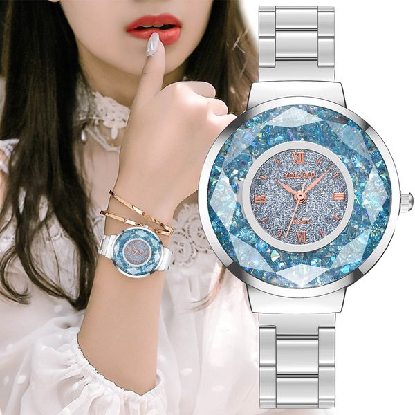 

women rose gold stainless steel mesh belt moving quicksand diamond mirror watch luxury ladies quartz watches clock fashion, Slivery;brown