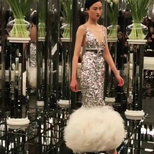 

elagant sparkly prom dresses bling bling sequins deep v neck tea length evening dress feather sheath formal gowns, Black