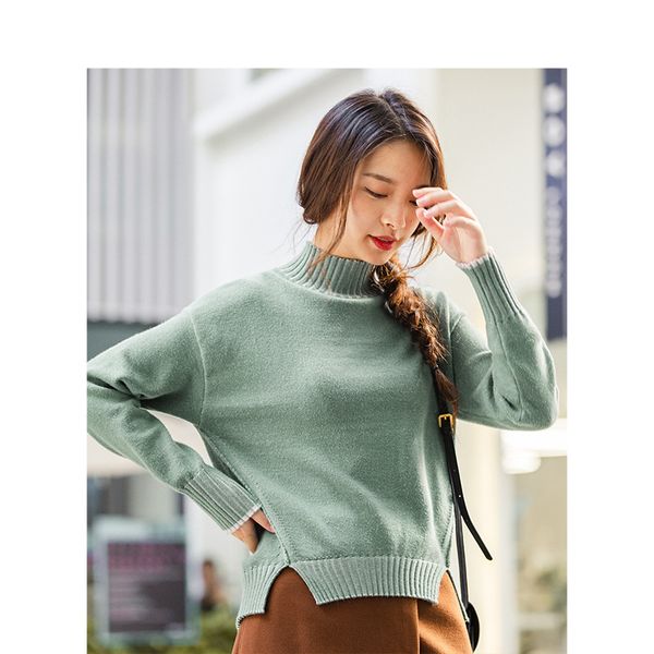 

inman 2019 winter new arrival high neck lace sleeve slit split color knitted women pullover, White;black