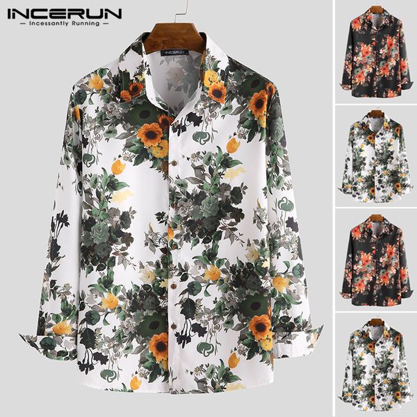 

incerun men shirt dress floral print casual lapel 2019 vacation long sleeve streetwear fashion hawaiian shirts camisas hombre, White;black
