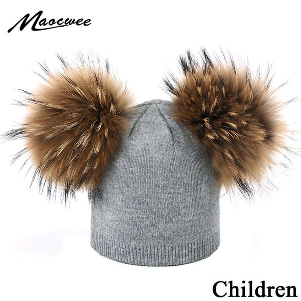

beanies winter children double plush ball cap hat for kids baby girls knitted thick female autumn fur pompom ski