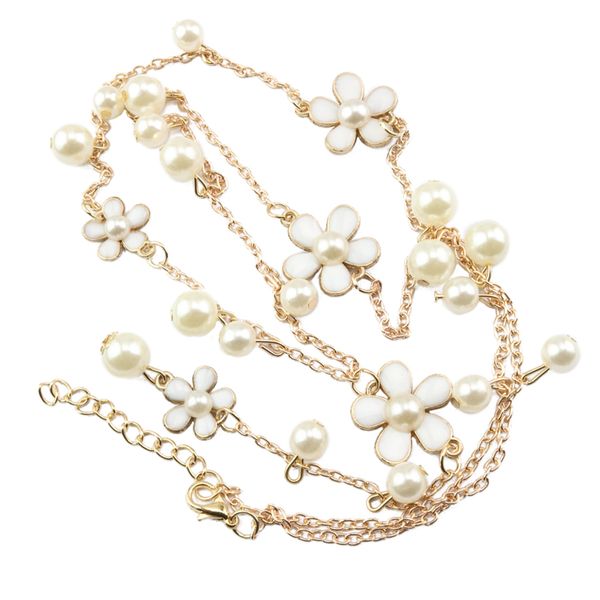 

romantic flower tassel simulated pearl sweater chain necklace jewelry long pearl flower sweater chain, Silver
