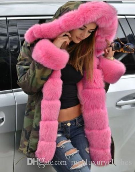 

женщины длинные пуховики толстые теплые зимние меховые воротники дизайнерские пальто армейский камуфляж военные пуховые парки пальто, Black