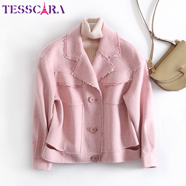 

tesscara women autumn elegant 100% wool blend jacket coat female casual basic jackets fashion designer short outerwear & coats, Black