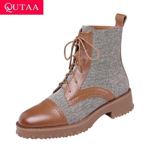 

qutaa 2020 lace up square heel round toe winter ankle boots patchwork cow leather cloth mixed color fashion women shoe size34-42, Black