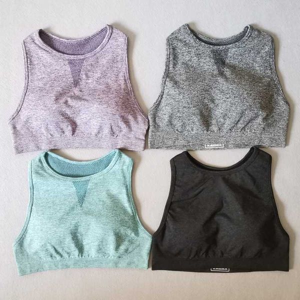 

ударопрочный бесшовные спортивный бюстгальтер женщины gym workout bra tops high neck йога crop top mesh racer назад фитнес, White;black