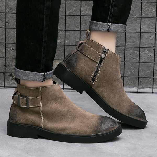 

mens motorcycle boots fashion aged man black short ankle boots back buckle strap leather leisure shoe