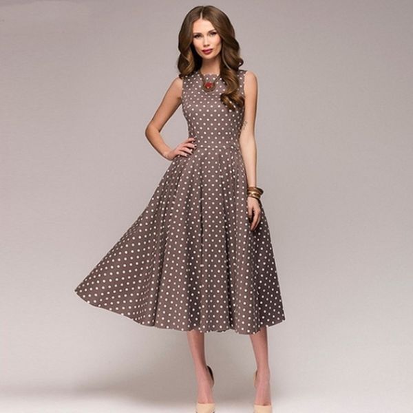 

new vintage polka dots party dresses lady sleeveless o-neck elegant swing dress retro midi dress robe female, Black;gray