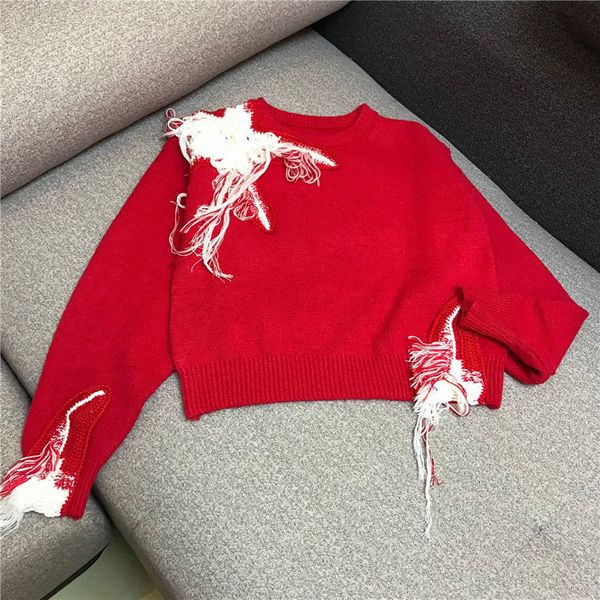 

round-neck pullover solid color hand hook embroidered fringed long-sleeve fashion wild sweater women's sweaters pull femme hiver, White;black
