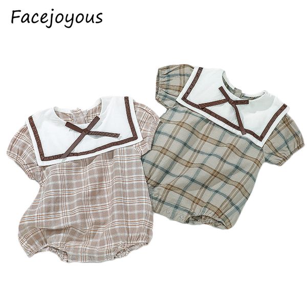 

2020 baby summer clothing newborn infant baby girls short sleeves bodysuits plaid jumpsuit peter pan collar outfit clothes, Blue