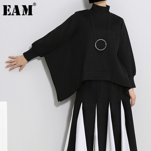 

eam] loose fit black asymmetrical split sweatshirt new high collar long sleeve women fashion tide autumn winter 2020 wd0030