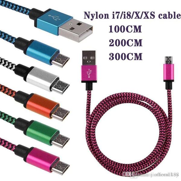 

1m 2m 3m 6ft 10ft unbroken metal connector nylon braid type c micro usb cable lead charger cord for samsung s6 s6edge nylon i7/i8/x/xs cable