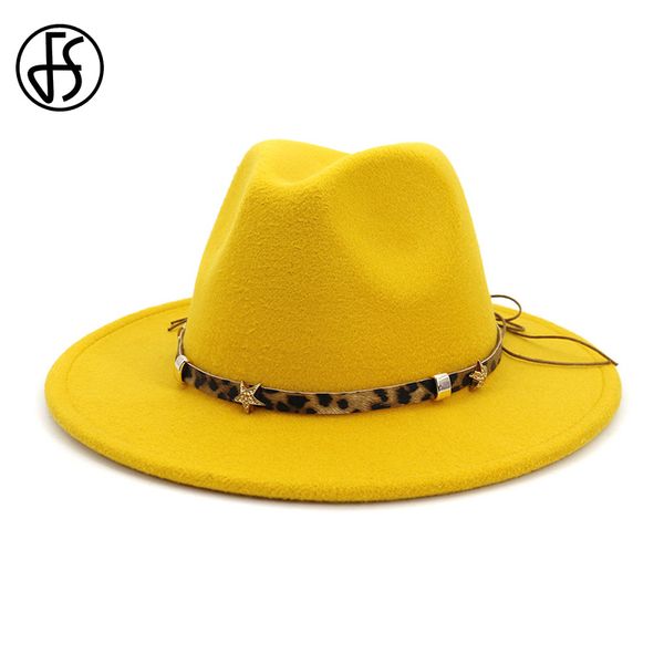 

fs wide brim wool jazz hat felt fedora for men leopard star leather belt yellow trilby formal women dress hats sombreros mujer, Blue;gray