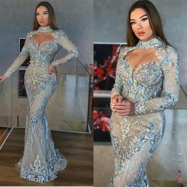 

luxury arabic long formal dresses high neck lace appliques long sleeve evening gowns floor length custom made vestidos mermaid prom dress, Black;red