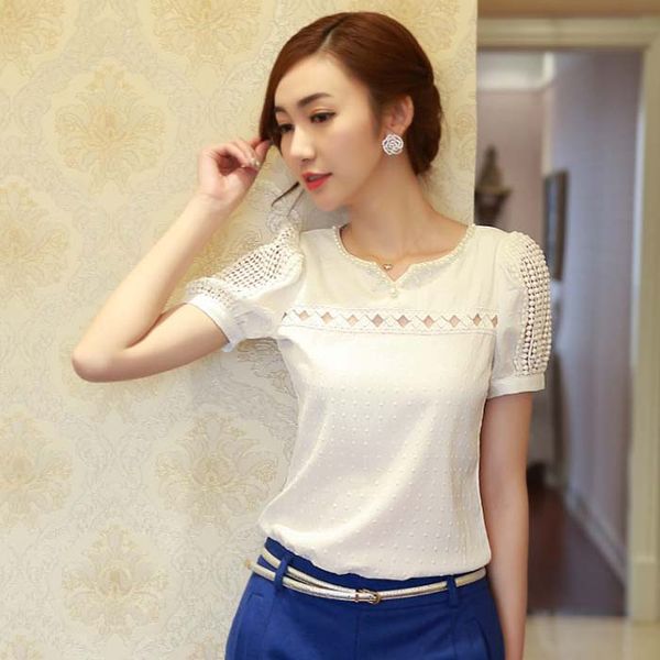 

shirt lady women 2019 white shirt lace short sleeve v neck doll chiffon blouse koszula damska-30