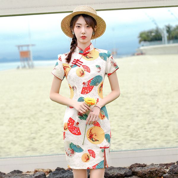 

новое прибытие вентилятора зонтик печать cheongsam платья modern young style модифицированная версия qipao ежедневно короткие восточный кита, Red