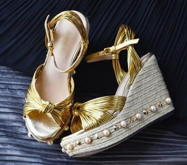 

2018 new slope sandals female strap high with pearl shoes summer wedges women, Black