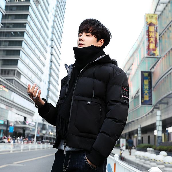 

men's winter new cotton coat camouflage jacket warm hooded collar collar korean tide wild cotton casual jacket, Black
