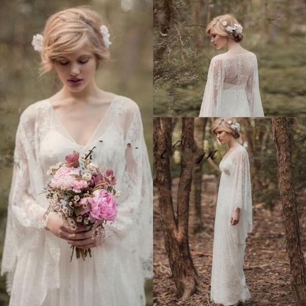 

Vintage Fairy Lace Country Wedding Dresses with Long Sleeves 2019 Wedding Dress V-neck Long Boho Bridal Gowns Custom Made