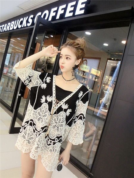

2017 new fashion women ladies lace crochet long sleeve loose blouse summer v neck casual shirt, White