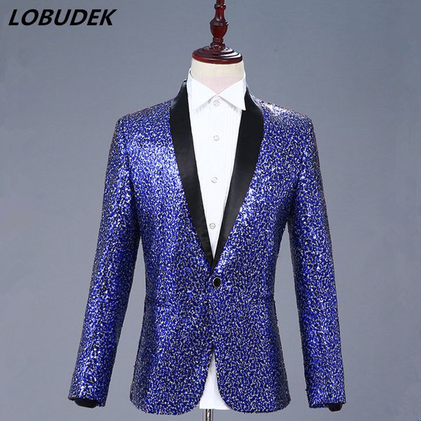 

men formal coat blue sequins blazer nightclub dj singer stage costume vocal concert host dancer performance show slim outerwear, White;black