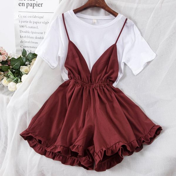 

new fashion summer women's solid color simple t-shirt + suspender wide leg shorts two-piece female shorts set c24, White
