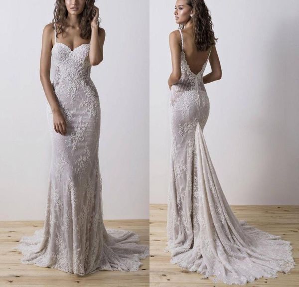

elegant lace mermaid wedding dresses 2020 spaghetti straps tulle appliques bridal dress backless plus size wedding gowns vestido de novia, White