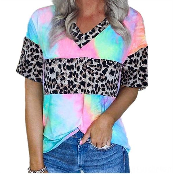 

2020 women's tie-dye leopard-print panel short-sleeve v-neck shirt 2020 women's tie-dye leopard-print panel short-sleeve v-neck sh, White