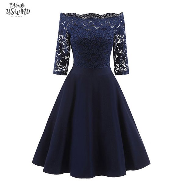 

2020 new female dress half sleeve slash neck robe vintage casual party rockabilly 50s 60s lace women dress, Black;gray
