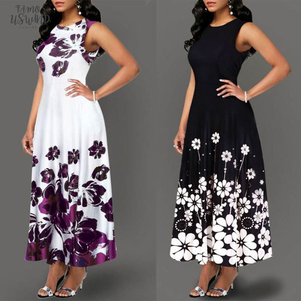 

women summer spring dress floral printed ladies women twill long vintage dress tunic sleeveless party dresses, Black;gray