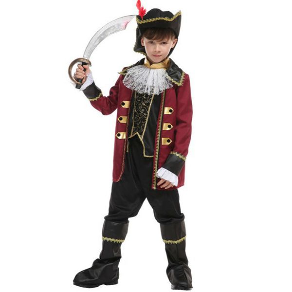 

new year halloween costume for kids boys pirate captain jack sparrow costume hat child cosplay carnival, Black;red