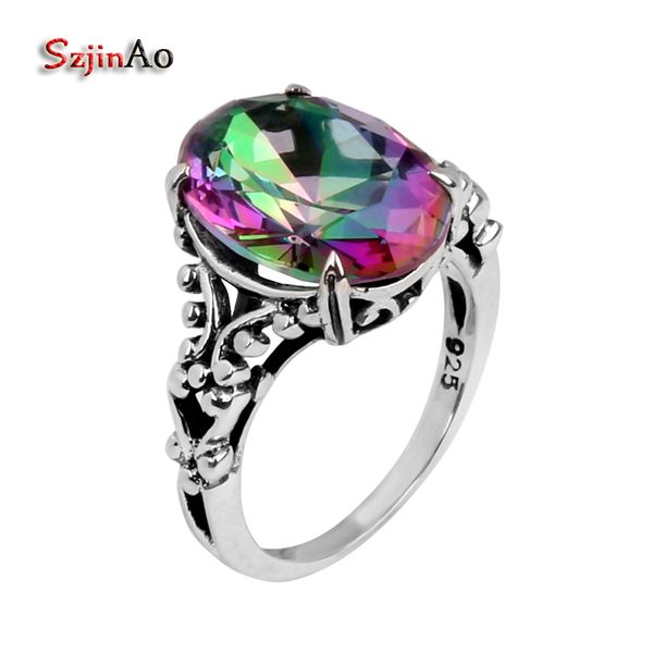 

szjinao fashion 925 sterling silver jewelry rings for women/victoria antique ring rainbow toapz 925 sterling silver wedding ring, Golden;silver
