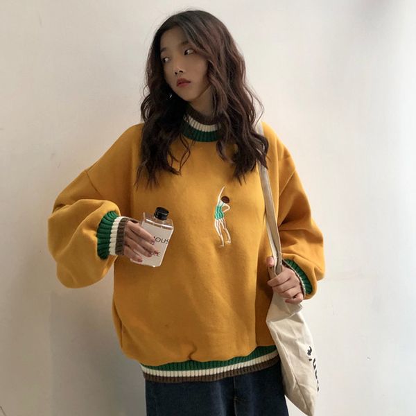 

new korean embroidery cartoon new winter high collar long sleeve cute large size loose female yellow funny harajuku sweatshirts, Black